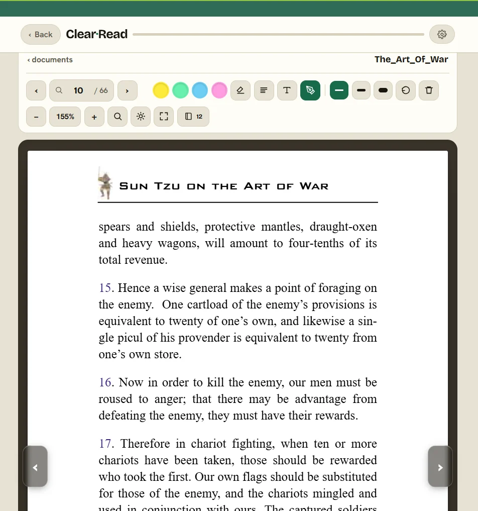PDF reader with highlighter pens, freehand drawing tools and page navigation
