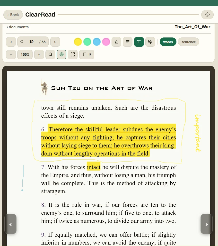 A highlighted passage with a handwritten margin note rotated vertically