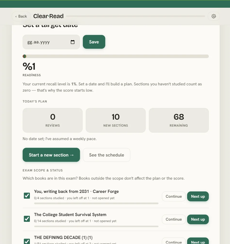 Exam mode dashboard with readiness score and daily plan