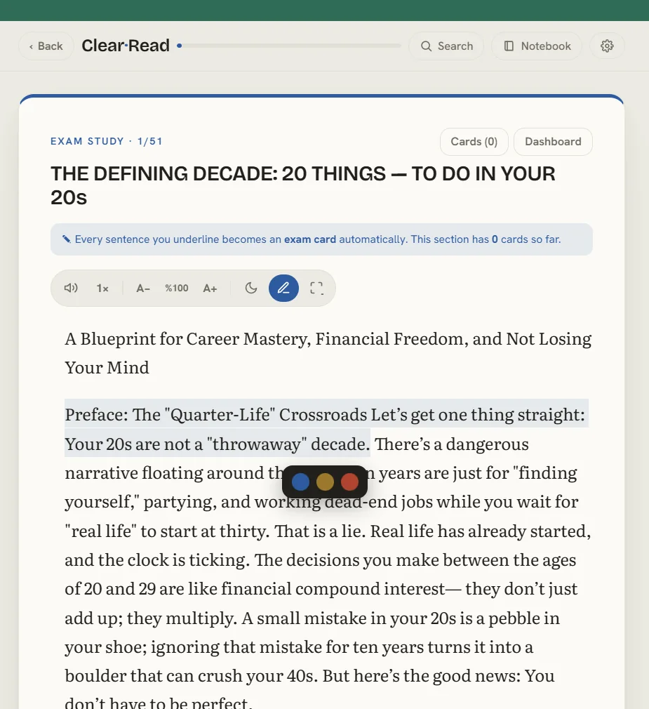 Exam study mode where underlining creates a card