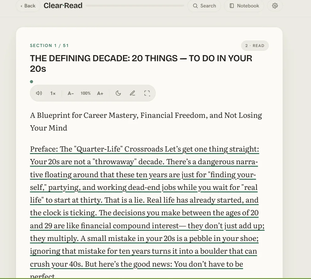 Reading a section in ClearRead with sentences underlined